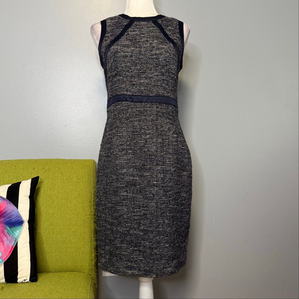 Magaschoni Collection Blue Tweed & Silk Trim Sheath Dress 8 Work Cocktail